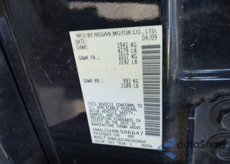 2009 Nissan Altima 2.5 S from USA, damaged, VIN 1N4AL21E49N506647